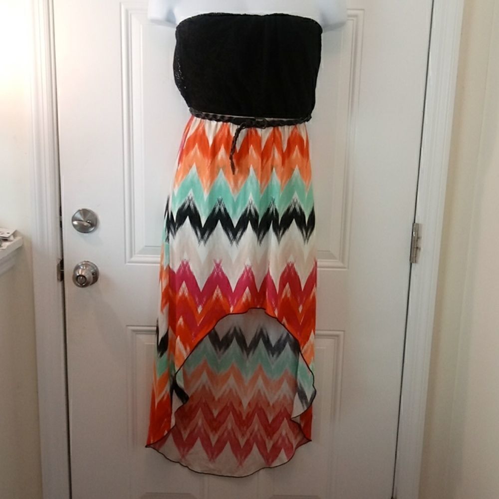 Trixxi printed lace top belted Hi low dress